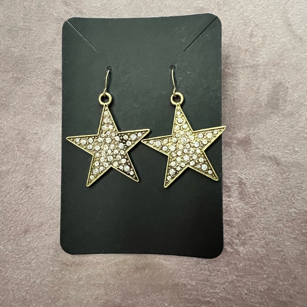 💜3/$20 New Gold-tone Earrings-dangling stars with sparkly clear stones